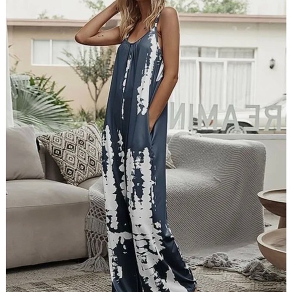 Romantic Hut Pants - Romantic Hut, SZ XXL, blue& white tie dye Palazzo jumper, stretch, Hippie, comfy